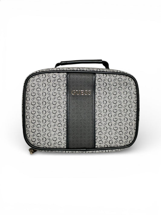 Neceser GUESS Original Gris Monograma con Franja Negra – Cosmetiquera